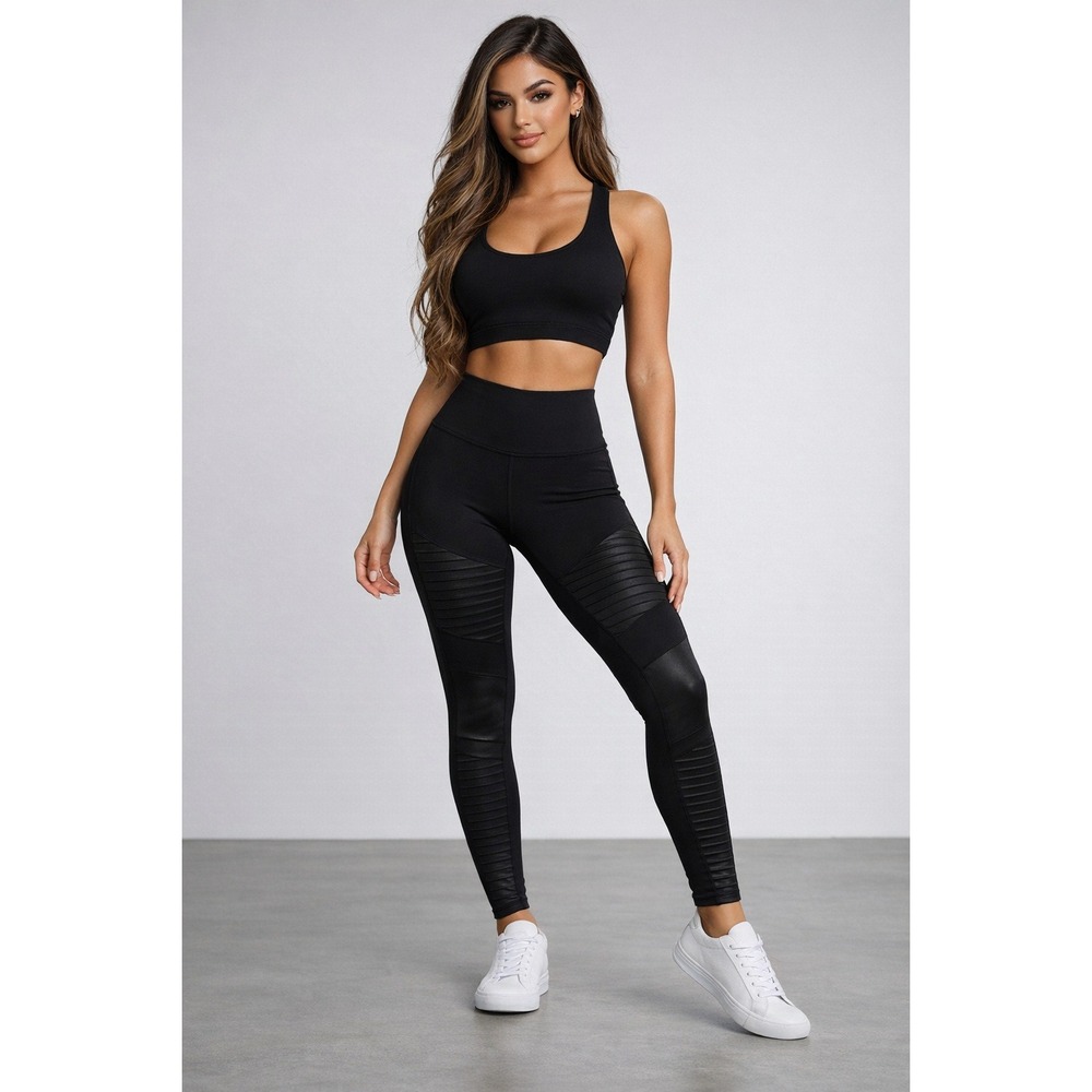 Alo Yoga High Waist Moto Leggings Black Ribbed Glossy Panels Size M
